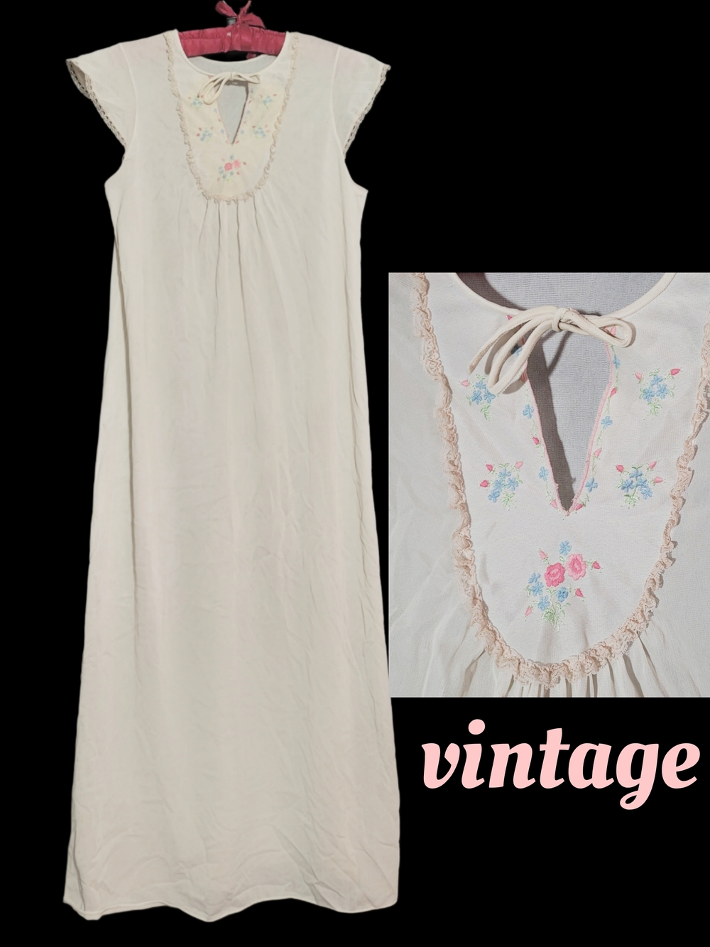 Vintage Cream Maxi Nightgown with Pastel Floral Embroidery
